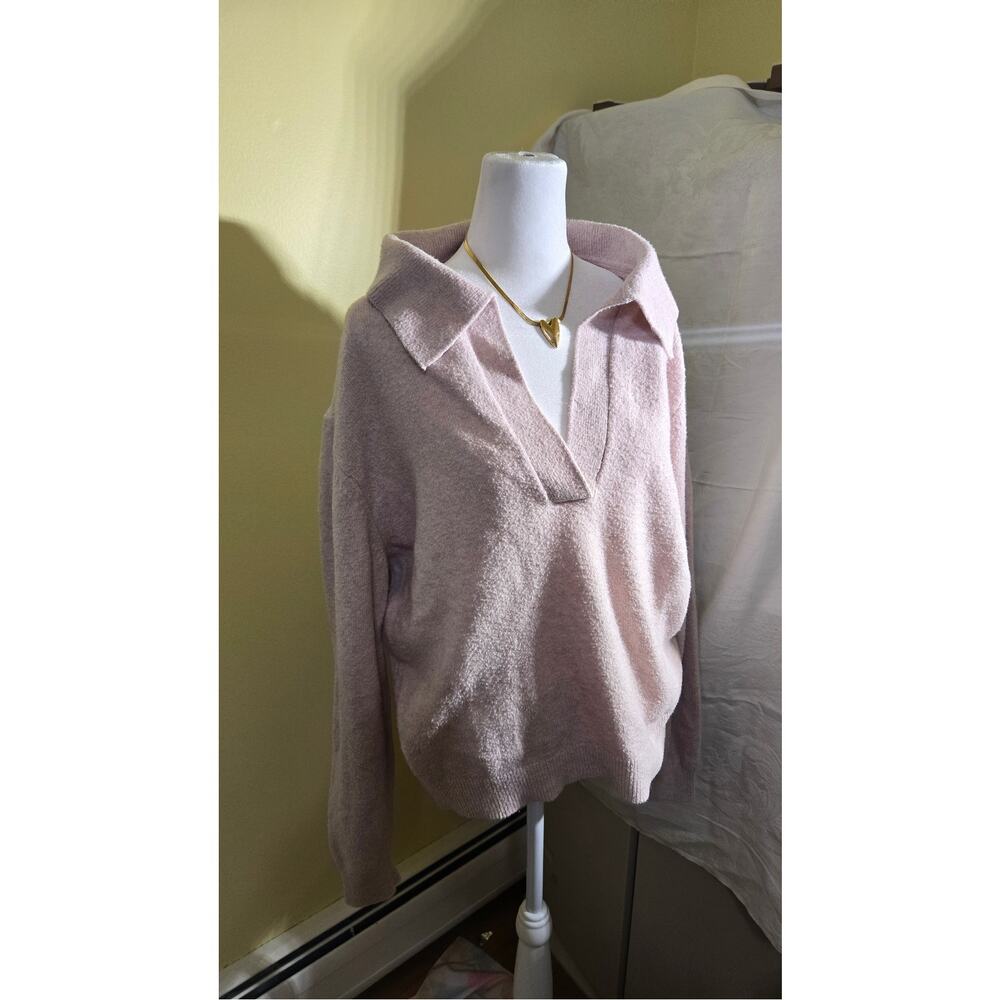 White House Black Market WHBM Pink Collared V-Neck Polo Sweater Knit XL